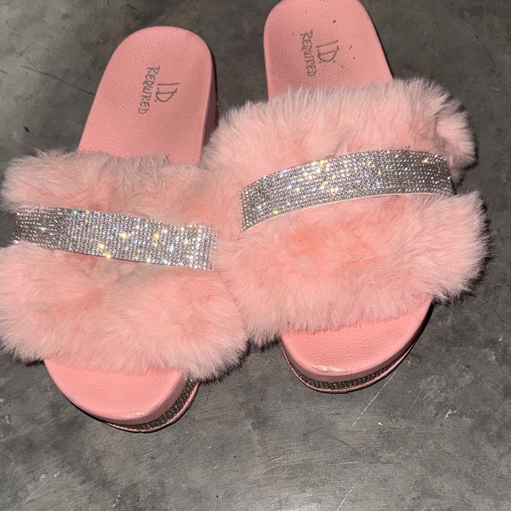 Rewind Pink Furry Slide Sandals with Silver Accents
